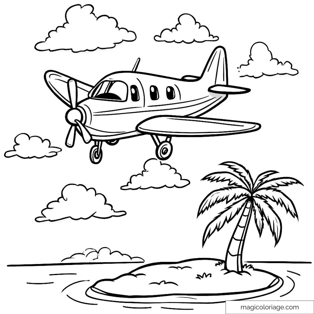 Avion volant au-dessus d'une île avec palmiers