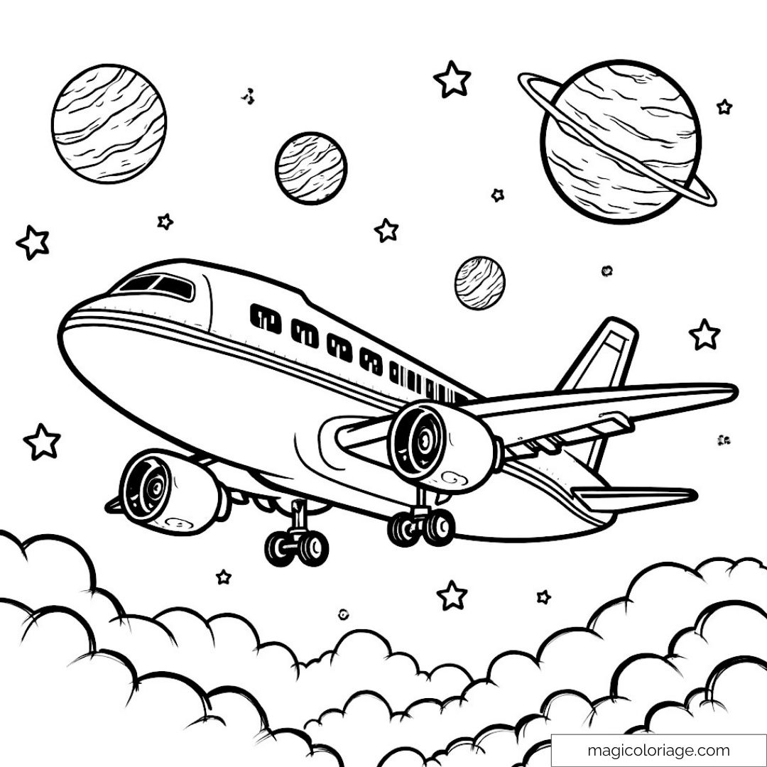 Dessin d'un avion volant dans l'espace avec des planètes et des étoiles