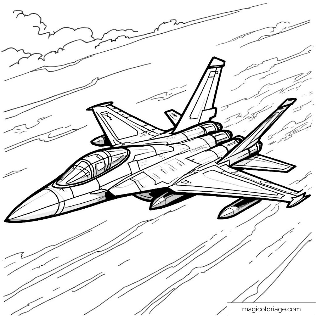 Dessin d'un avion de chasse volant dans le ciel pour enfants.