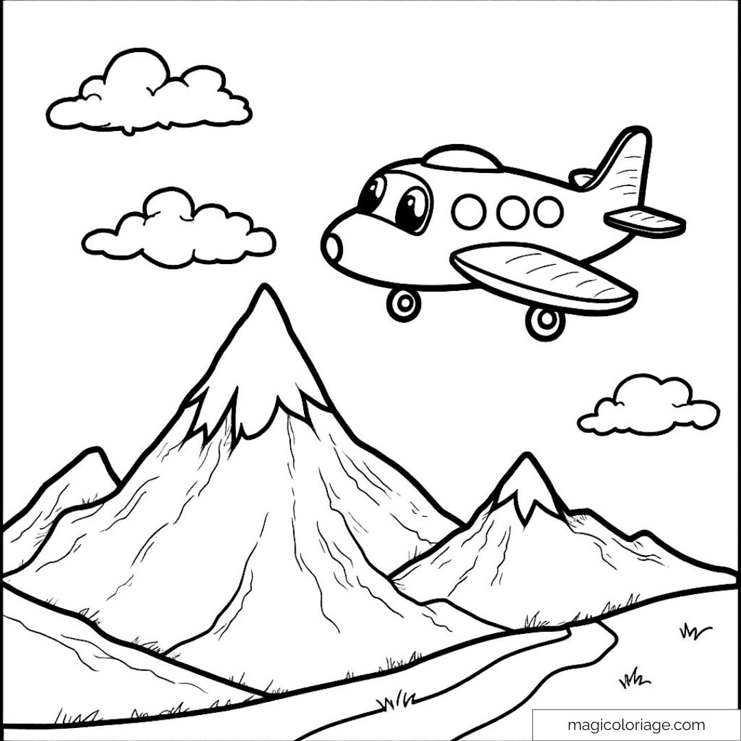 Avion mignon volant au-dessus de montagnes et nuages.