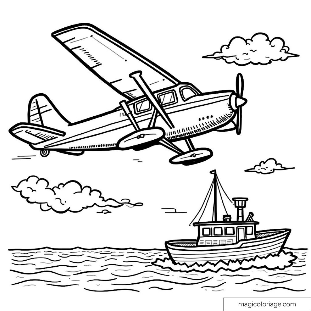 Hydravion survolant un bateau en mer avec des nuages