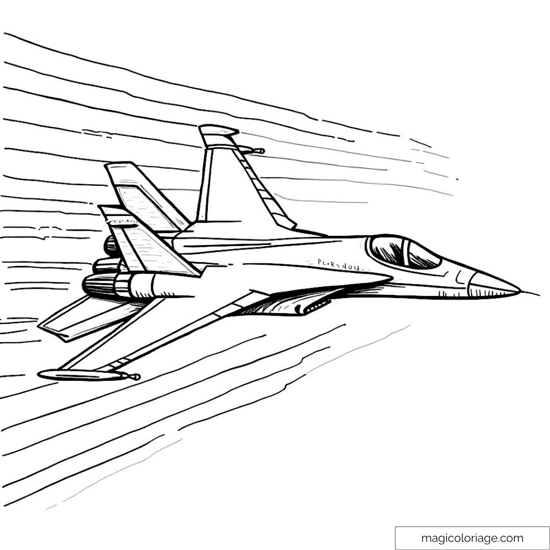 Image à colorier d'un avion de chasse en vol rapide