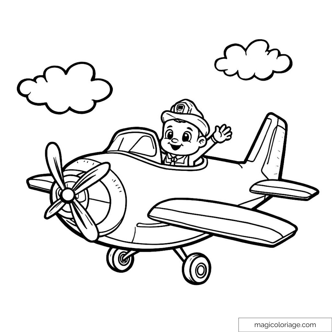 Dessin d'un enfant pilote conduisant un avion avec des nuages.