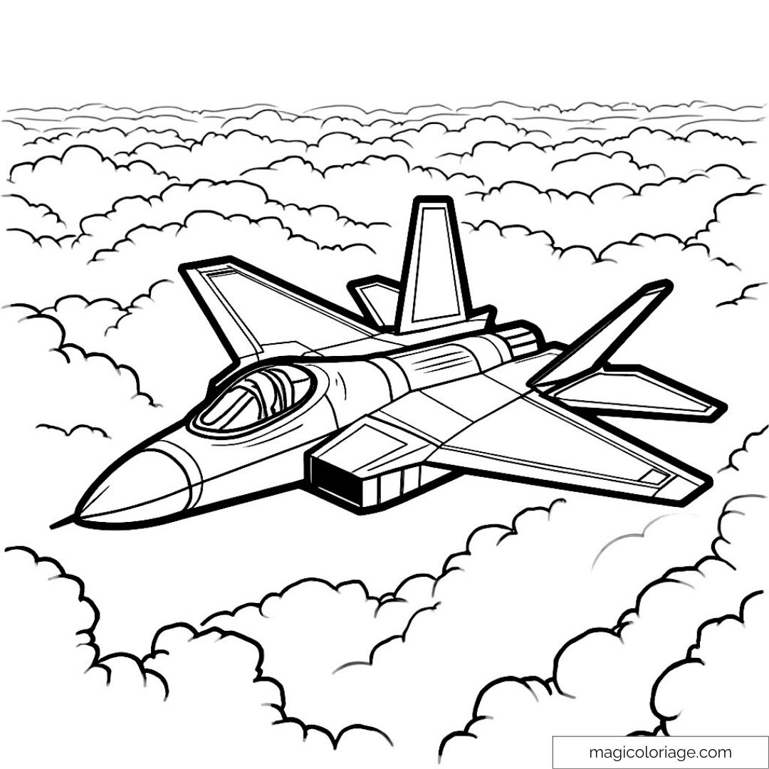 Coloriage d'un avion de chasse volant à travers les nuages
