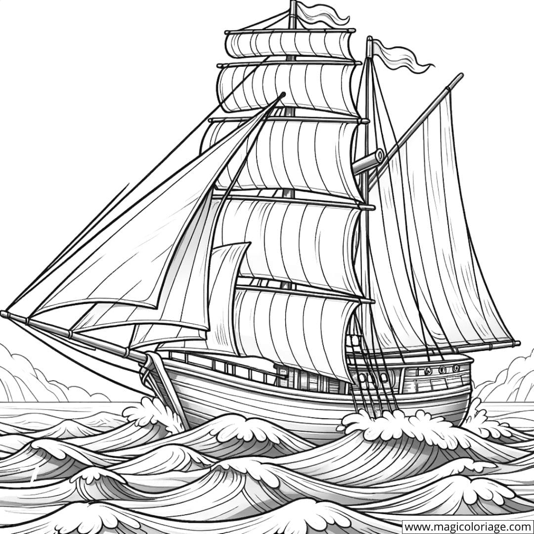 Coloriage d'un bateau à voile naviguant en mer