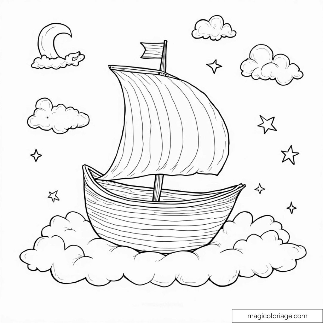 Dessin de bateau sur des nuages avec étoiles et lune