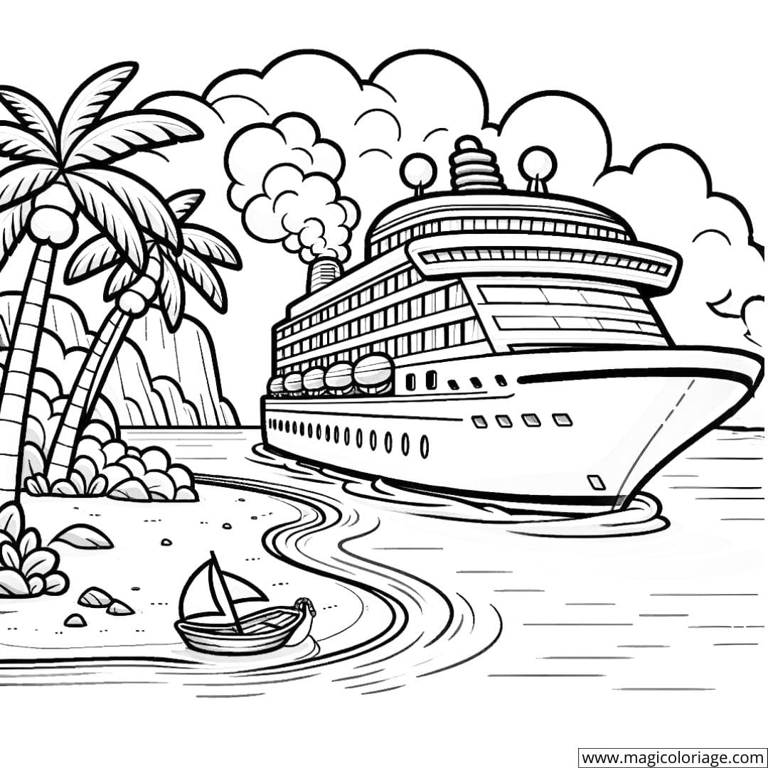 Coloriage d'un bateau de croisière au large d'une île tropicale