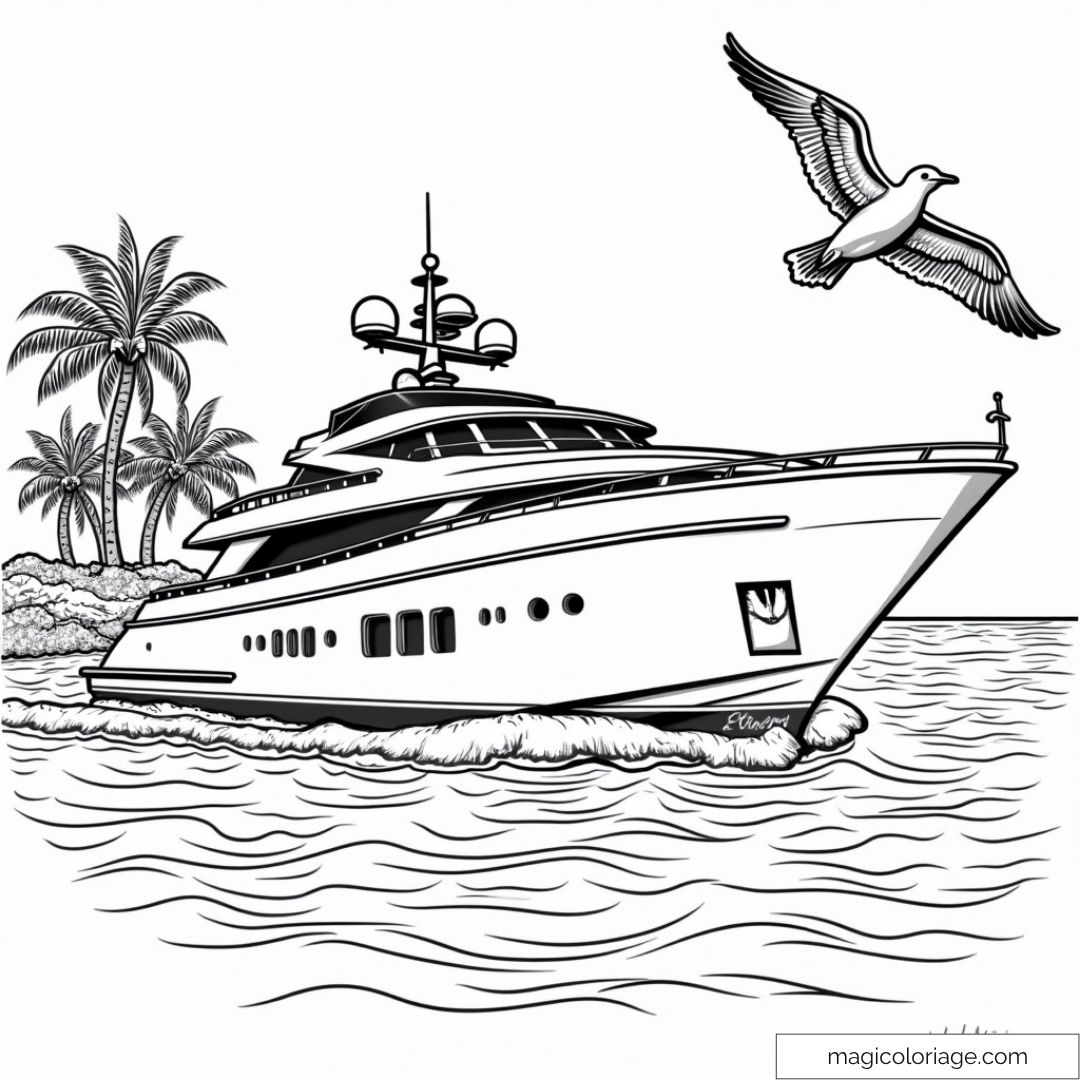 Dessin d'un yacht élégant entouré de palmiers avec un goéland en vol.