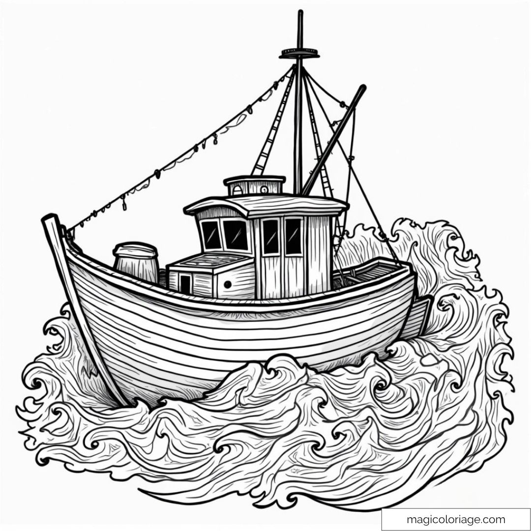 Coloriage de bateau sur mer tumultueuse avec détails réalistes et vagues puissantes.