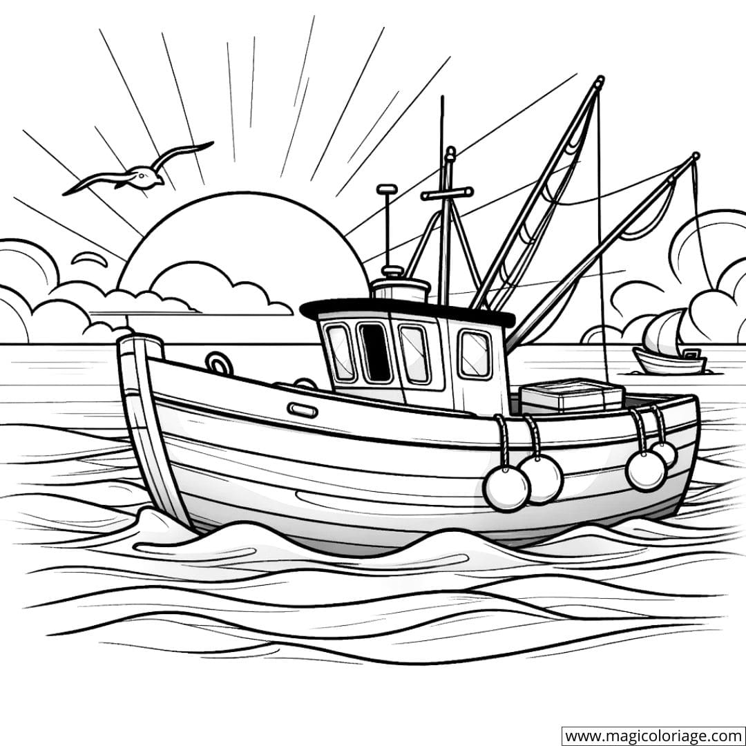 Coloriage d'un bateau de pêcheurs au lever du jour