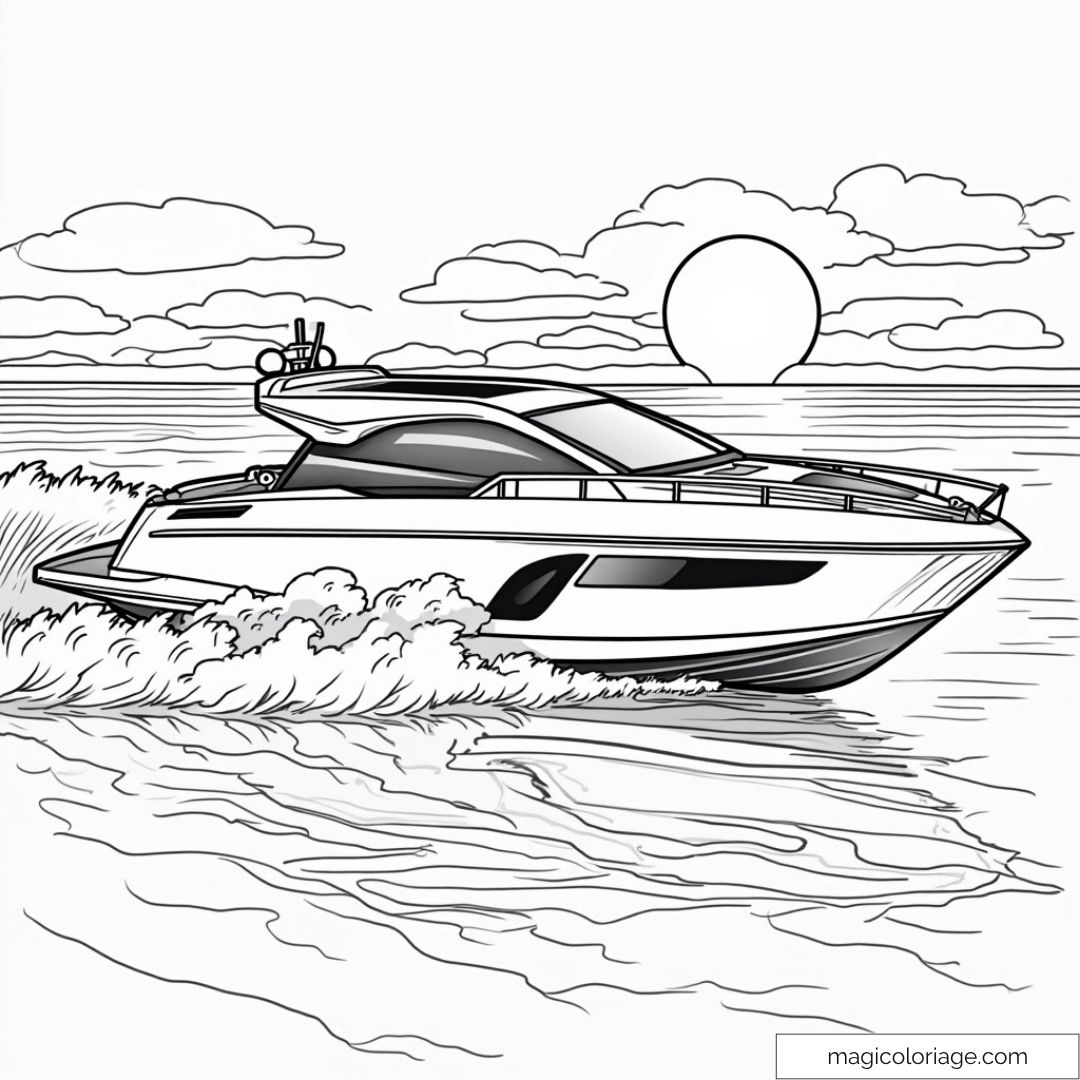 Dessin de bateau sur l’océan au crépuscule avec soleil et vagues