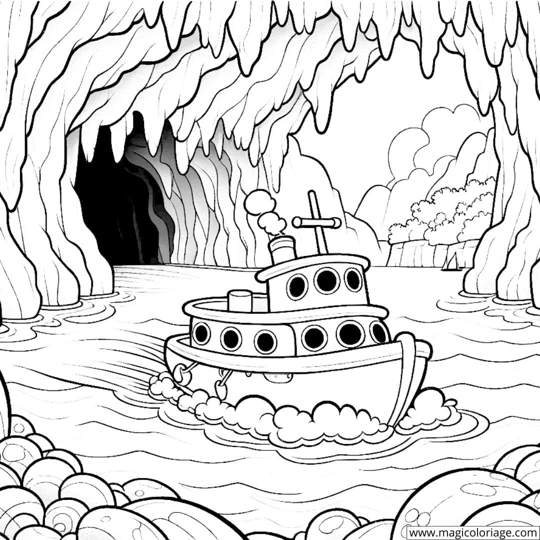 Coloriage d'un bateau explorant une grotte marine