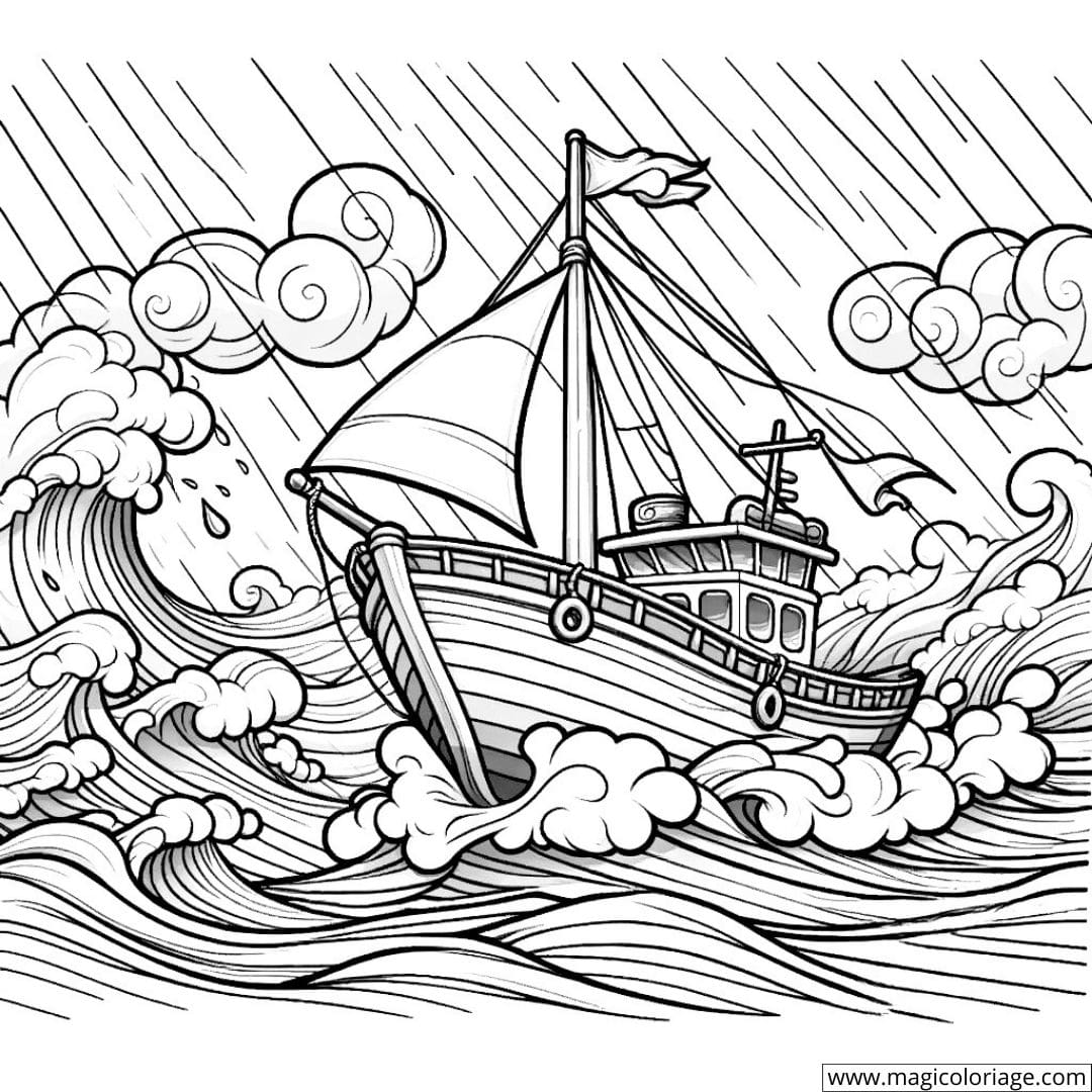 Coloriage d'un bateau naviguant lors d'une tempête