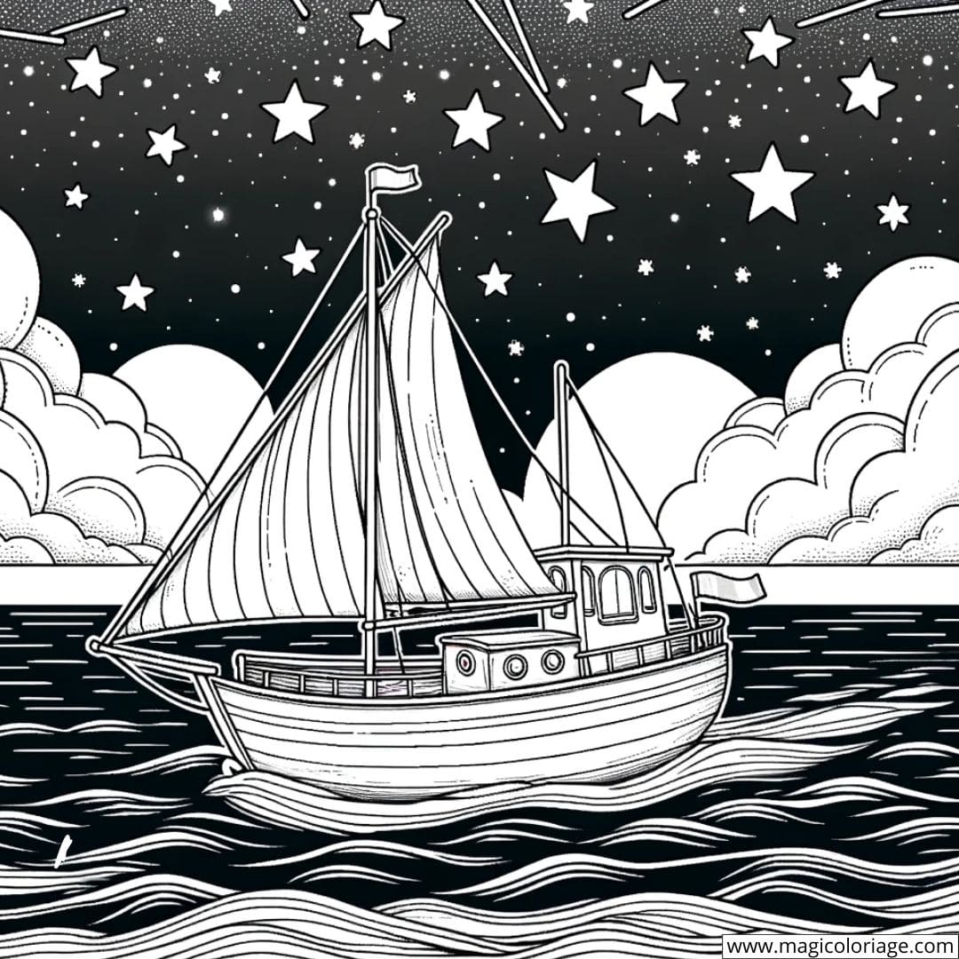 Coloriage d'un bateau naviguant sous les étoiles