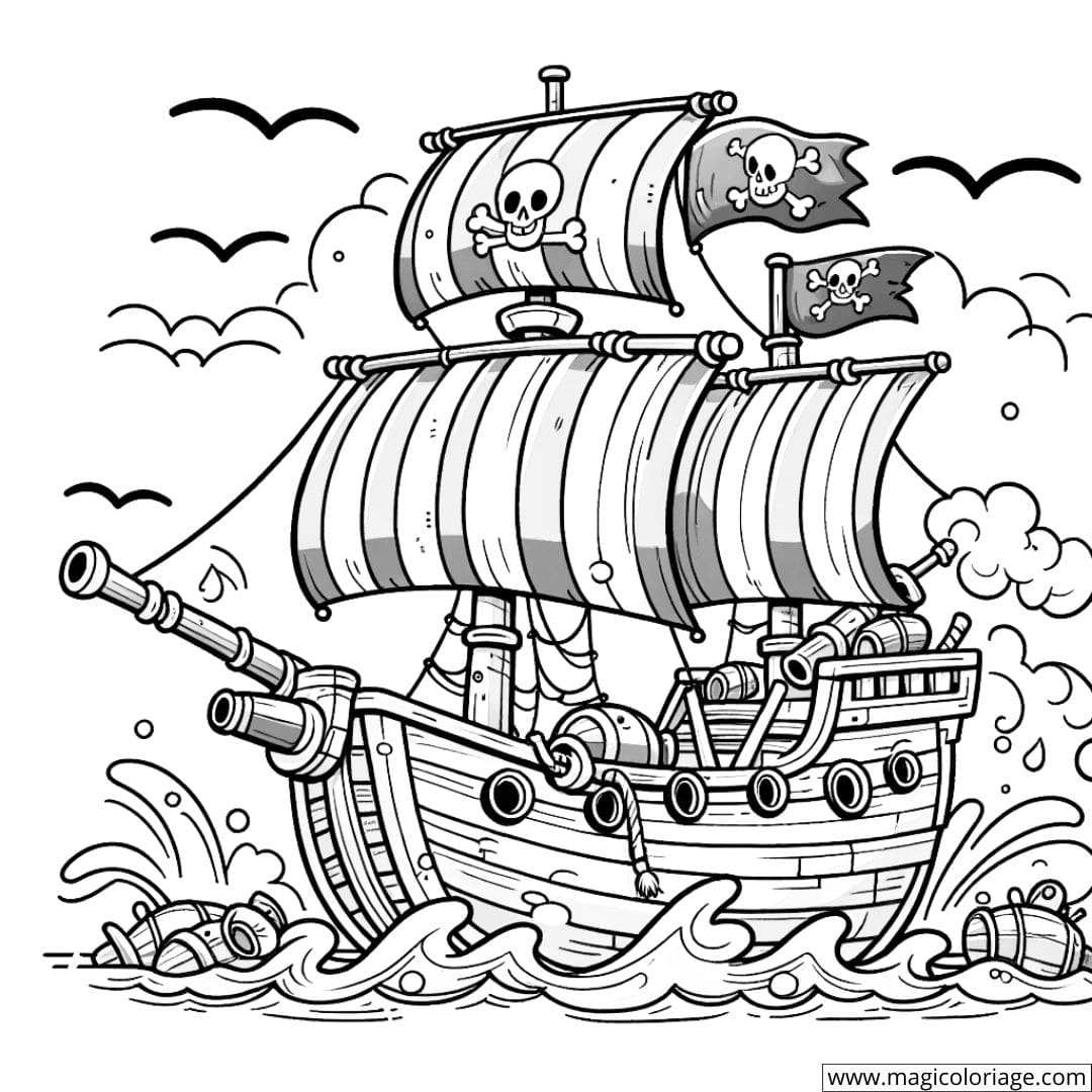 Coloriage d'un bateau pirate à la recherche d'un trésor