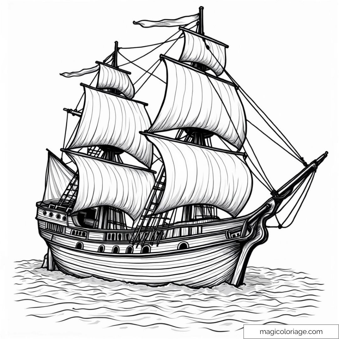 Dessin détaillé d'un bateau pirate à voiles sur la mer