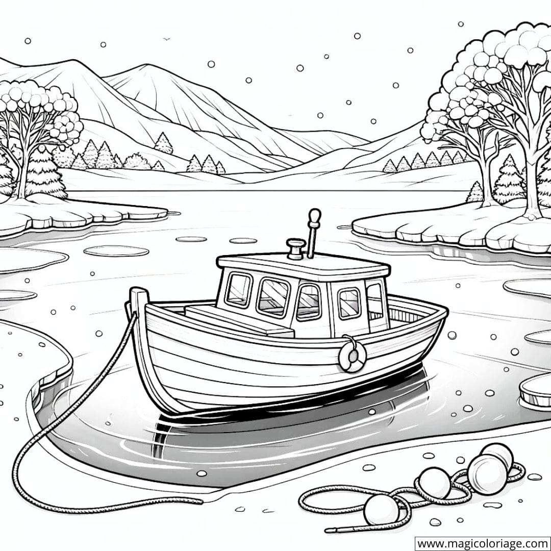Coloriage d'un bateau sur un lac gelé