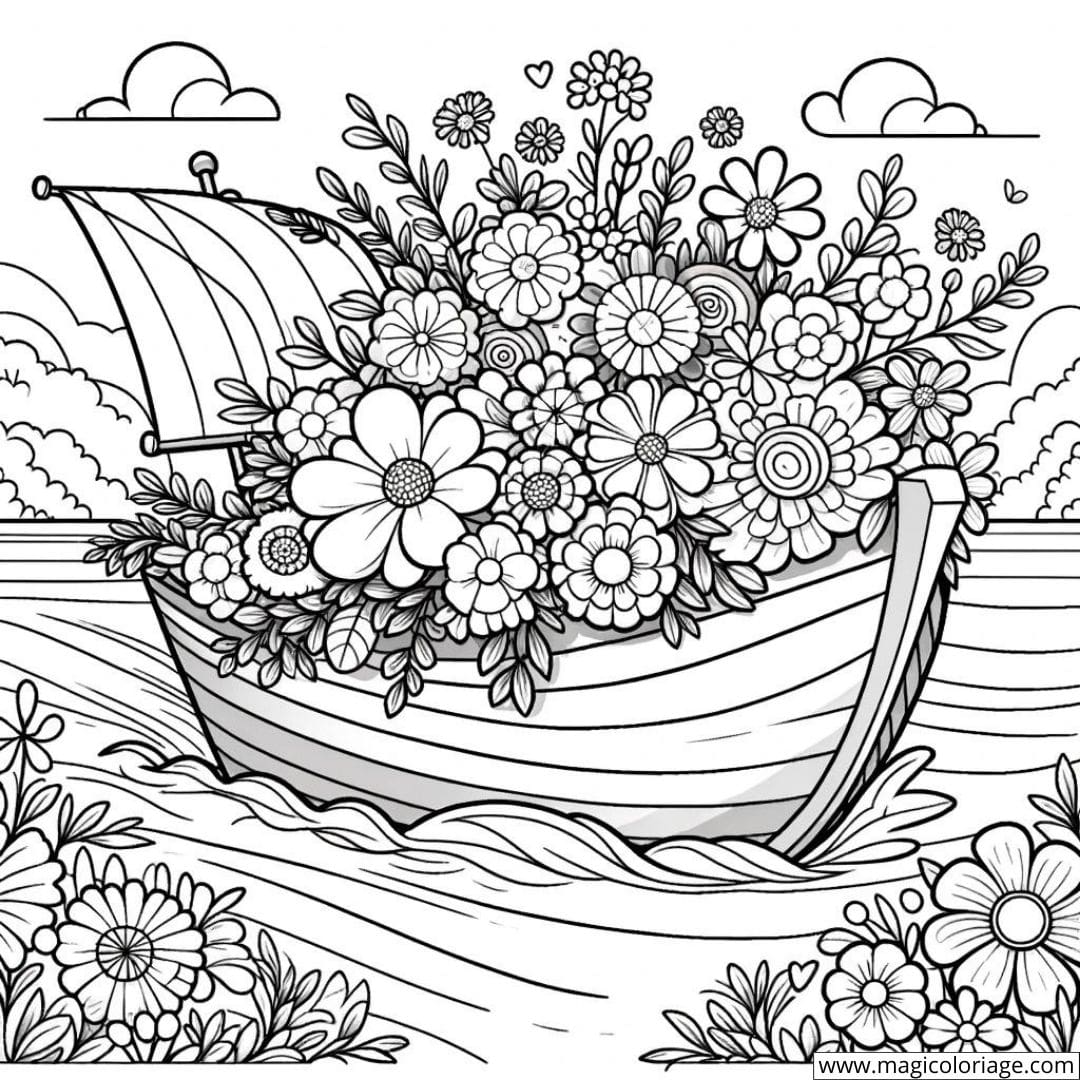 Coloriage d'un bateau transportant des fleurs