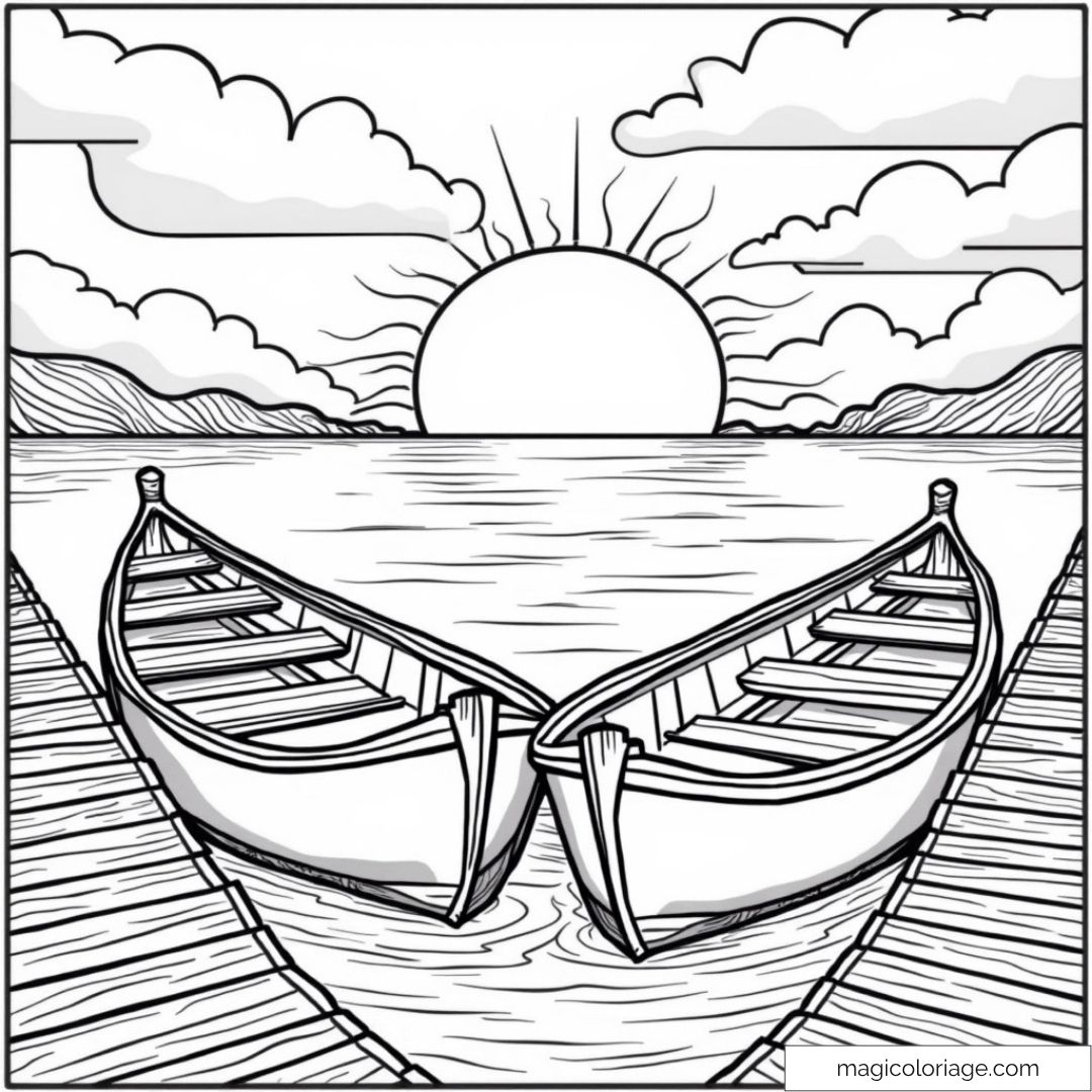 Dessin à colorier avec des bateaux et coucher de soleil
