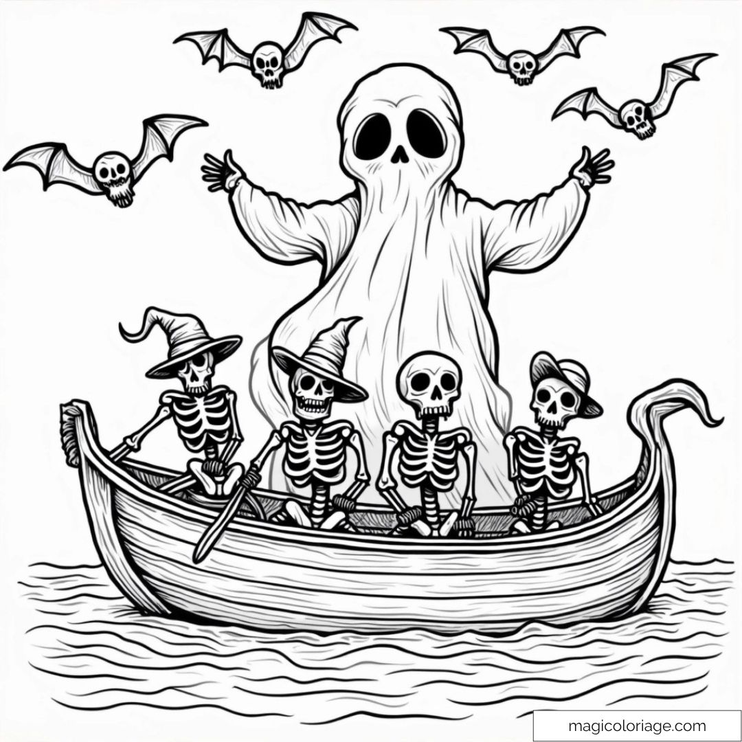 Fantôme et squelettes en barque