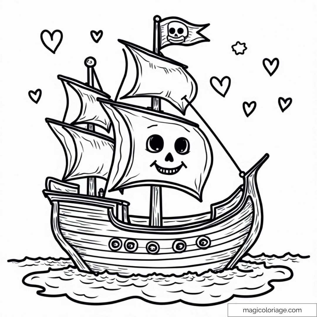 Dessin de bateau pirate souriant avec cœurs et vagues.