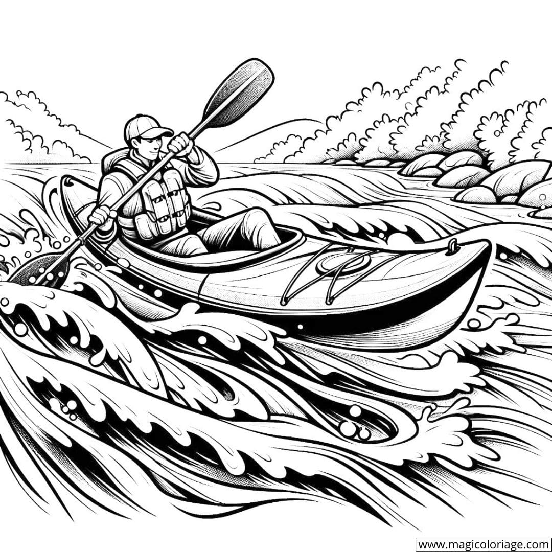 Coloriage d'un kayak dans des rapides