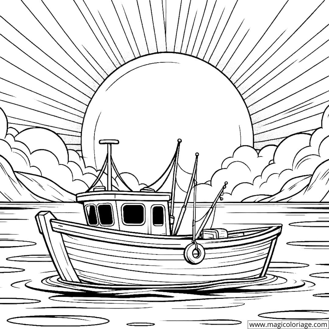 Coloriage d'un petit bateau de pêche au coucher du soleil