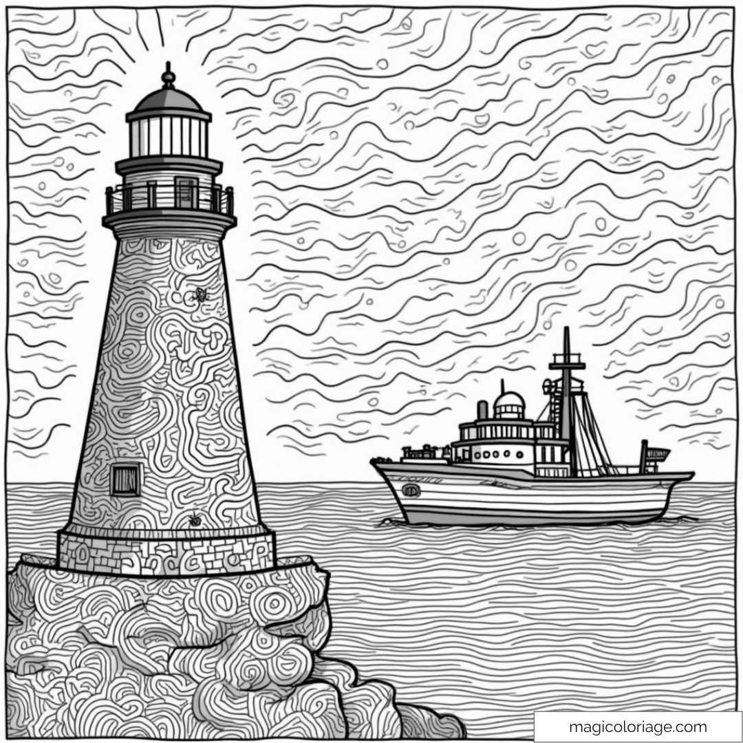 Dessin d'un phare et bateau en mer avec ciel nuageux.
