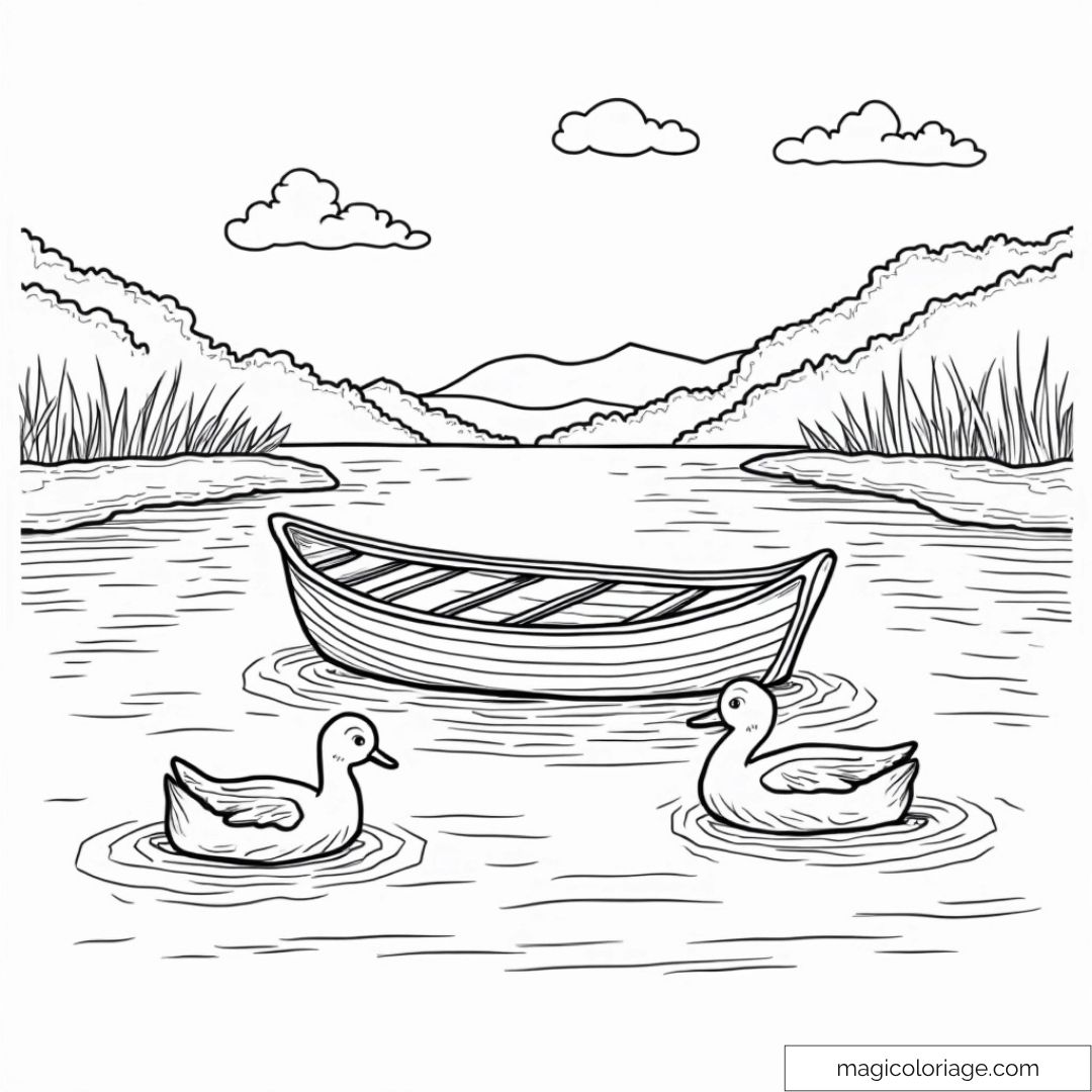 Dessin de canards et barque sur lac paisible à colorier