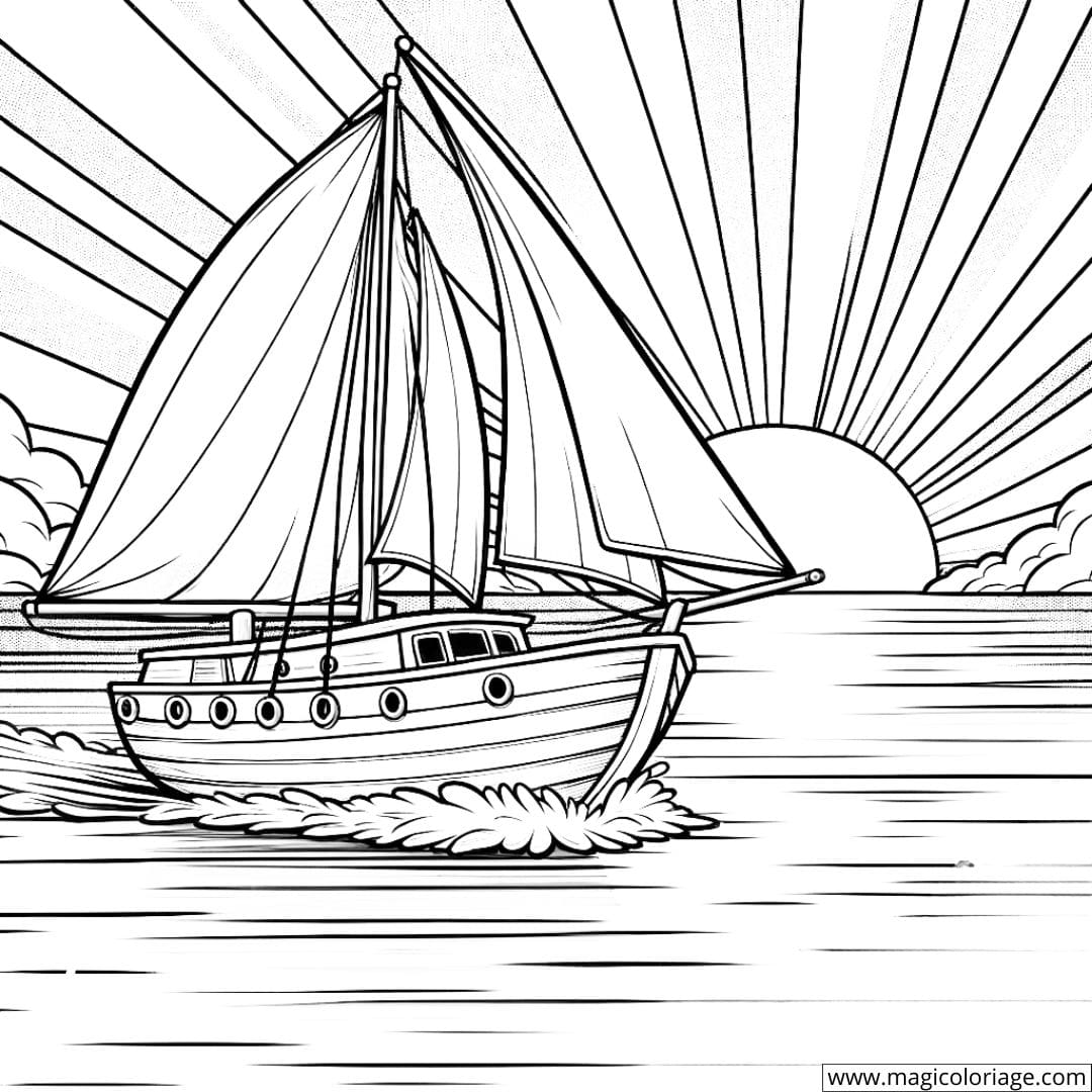 Coloriage d'un voilier au lever du soleil