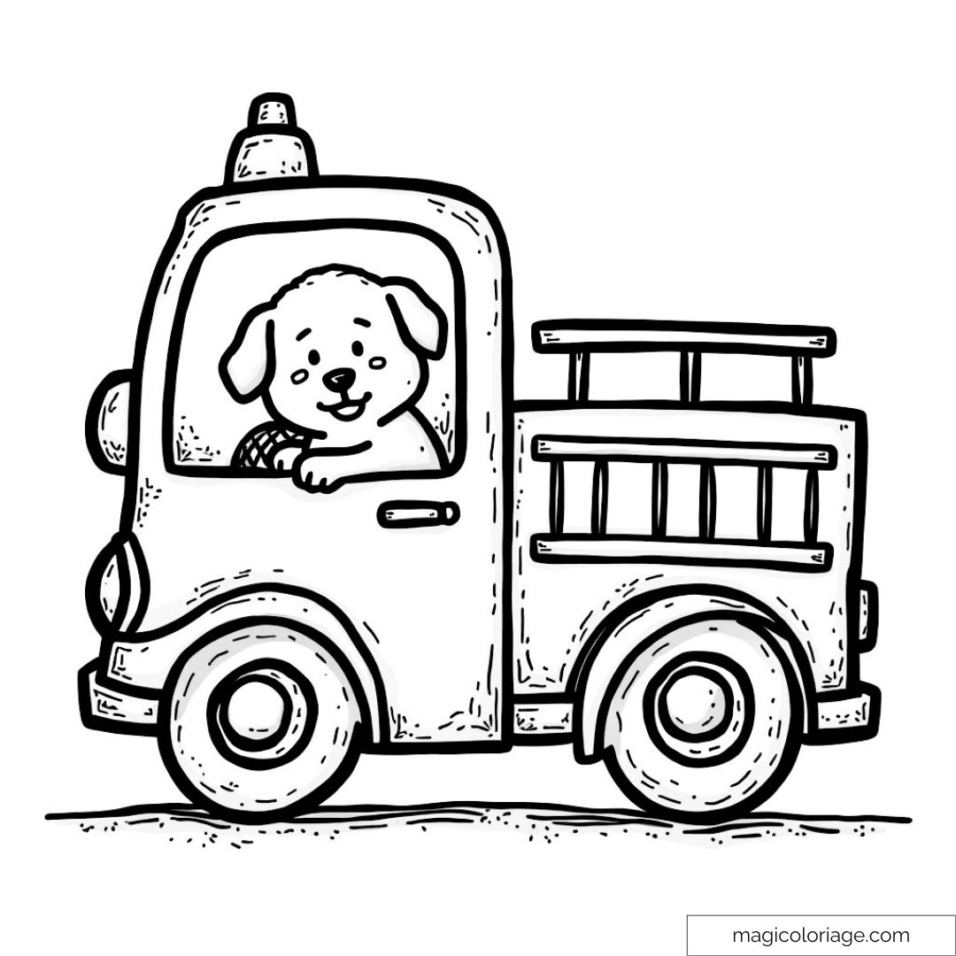 Chien cartoon conduisant un camion de pompiers mignon