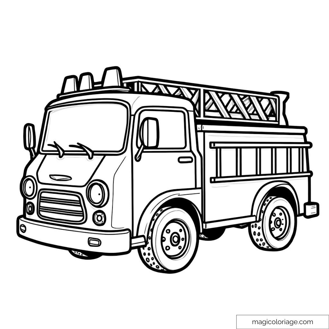 Coloriage camion de pompier avec échelle détaillée et roues