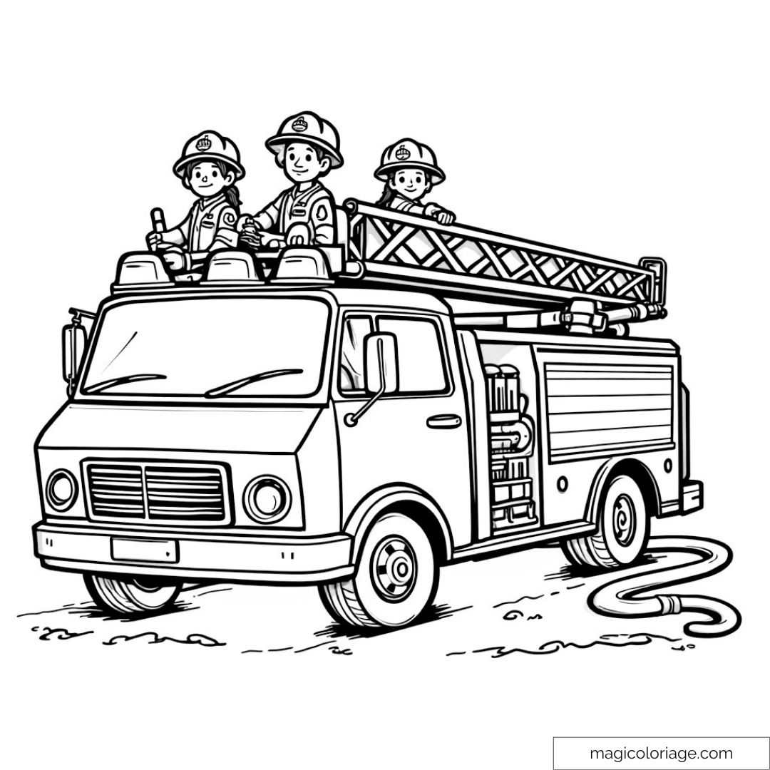 Dessin de camion de pompier et pompiers