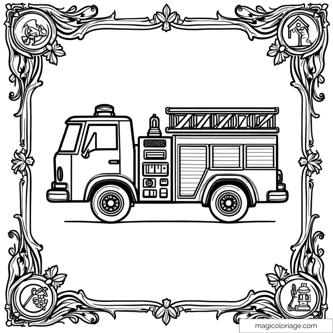Camion de pompier dans un cadre décoratif en fleurs pour coloriage.