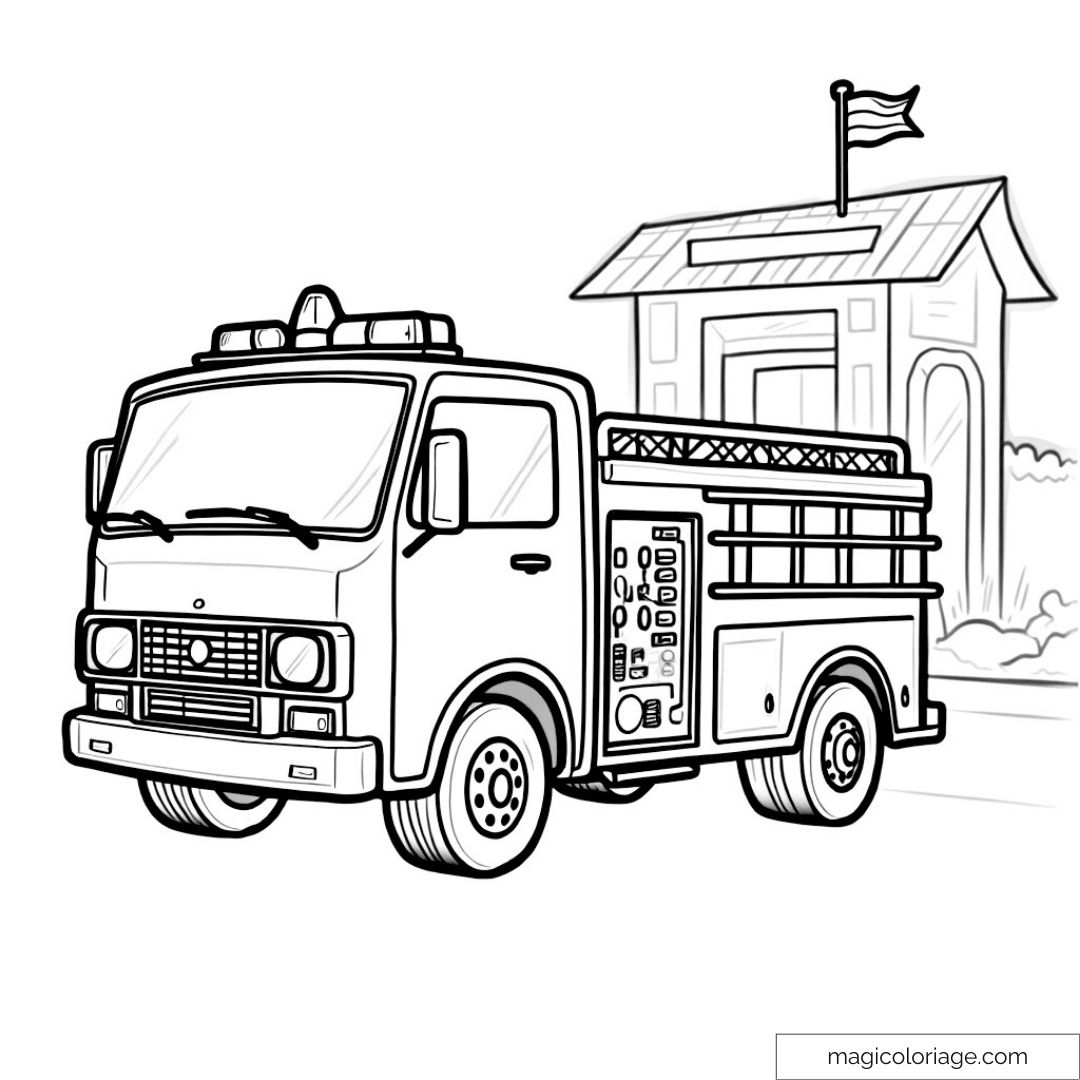 Camion de pompier devant caserne à colorier
