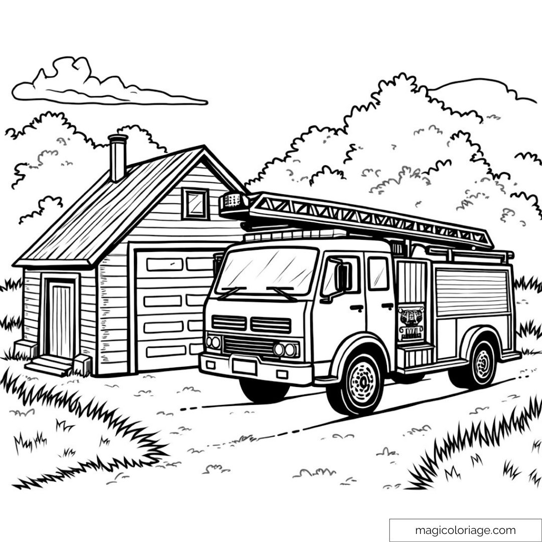 Dessin détaillé de camion de pompier devant un garage en campagne
