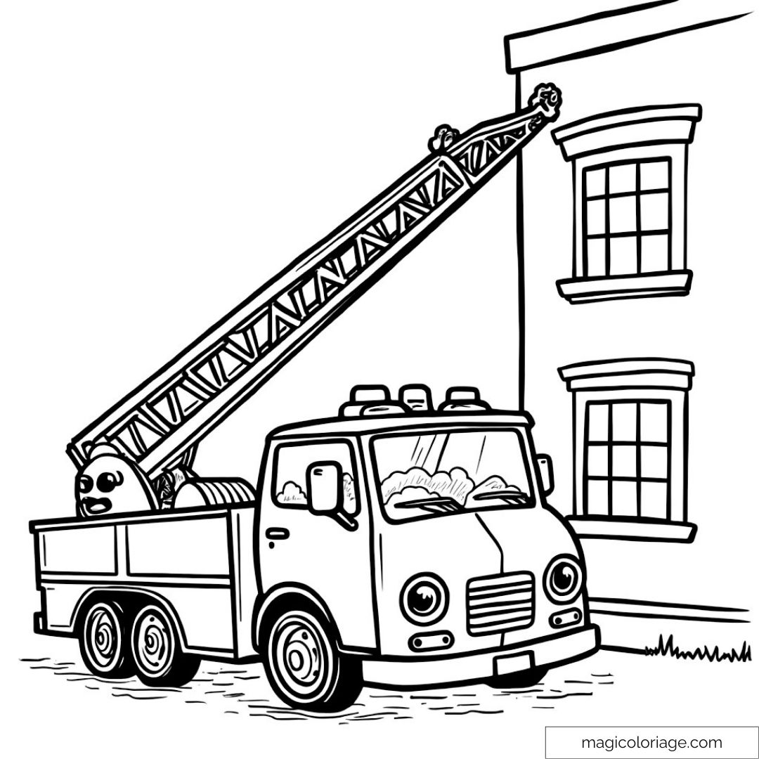 Dessin de camion de pompier avec échelle en action près d'un bâtiment