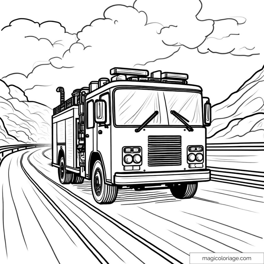 Dessin de camion de pompier roulant sur une route de montagne