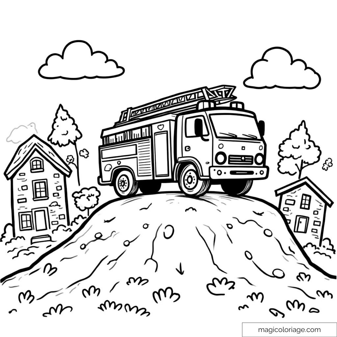 Image d'un camion de pompier sur une colline entourée de maisons et d'arbres.