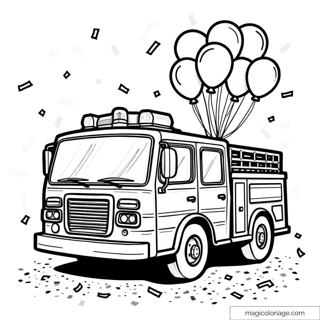 Camion de pompiers avec ballons et confettis à colorier.