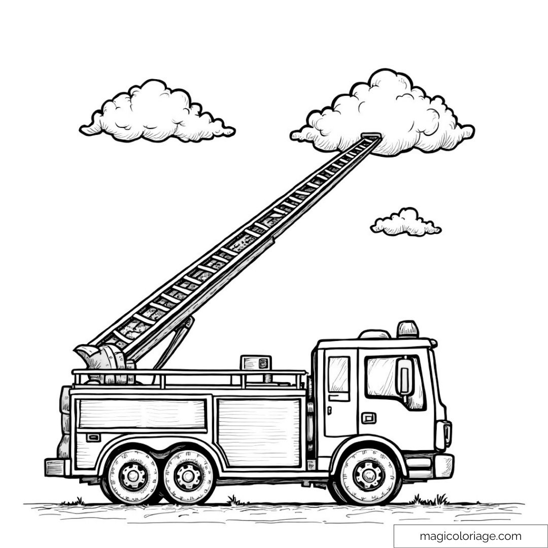 Dessin d'un camion de pompiers avec échelle et nuages à colorier.