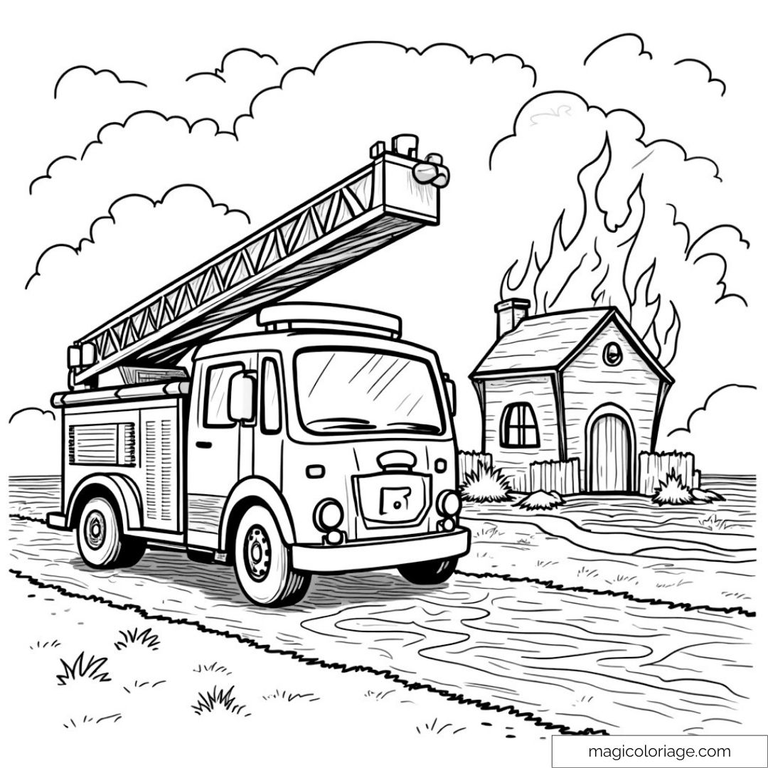 Dessin de camion de pompiers avec maison en feu à colorier.