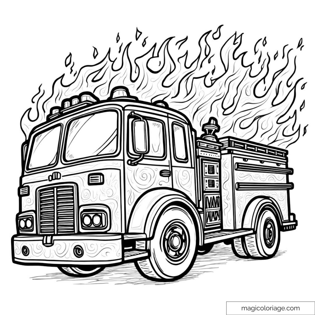 Camion de pompiers avec flammes en arrière-plan