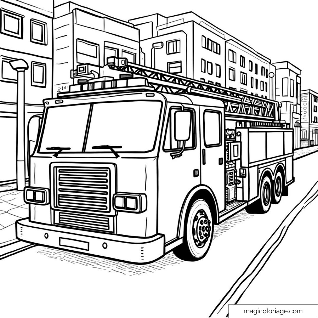 Dessin de camion de pompiers dans une rue urbaine à colorier.