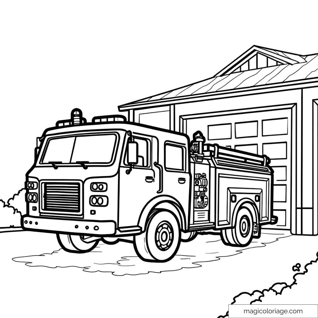 Dessin d'un camion de pompiers devant sa caserne