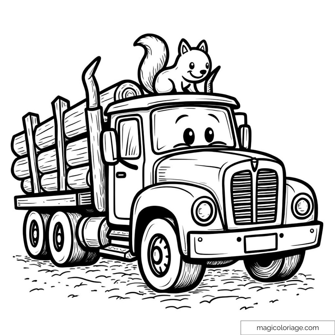 Camion souriant transportant des rondins avec un écureuil joueur