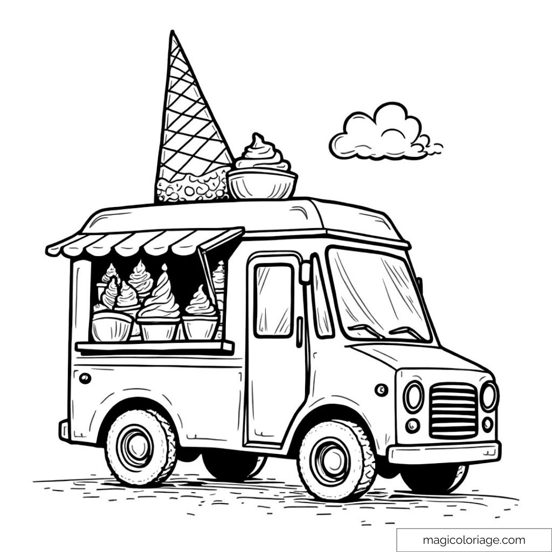 Dessin de camion à glace avec cornets et cupcakes