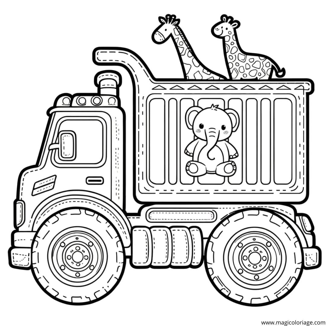 Coloriage d'un camion avec des motifs d'animaux, dessin naturel pour les enfants en maternelle.