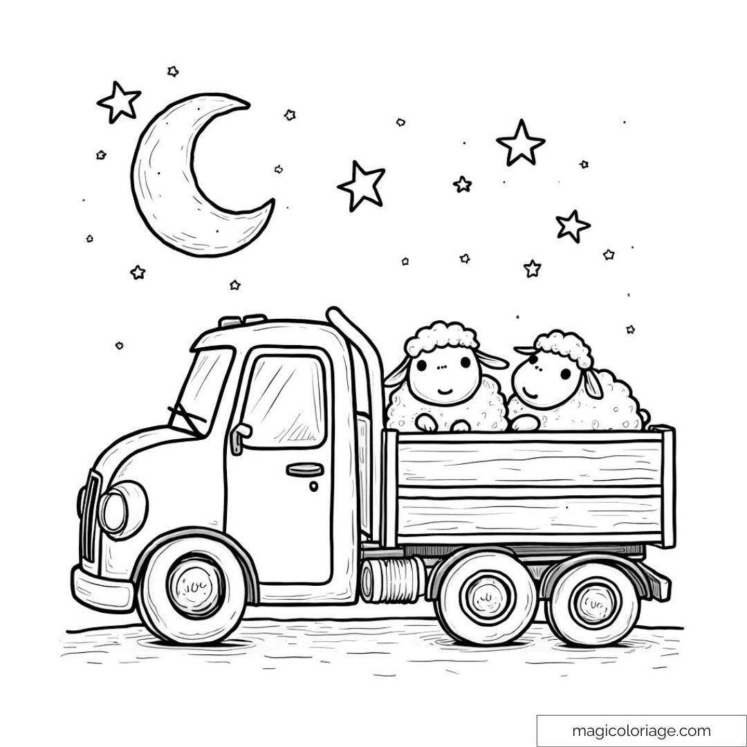 Camion avec deux moutons sous une lune et des étoiles.