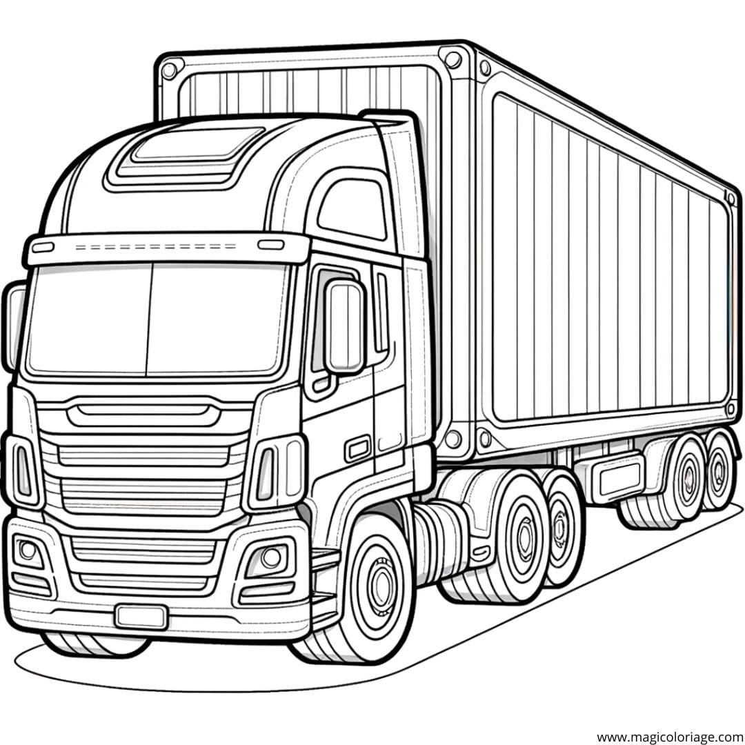 Coloriage d'un camion avec remorque, dessin fonctionnel pour enfants.